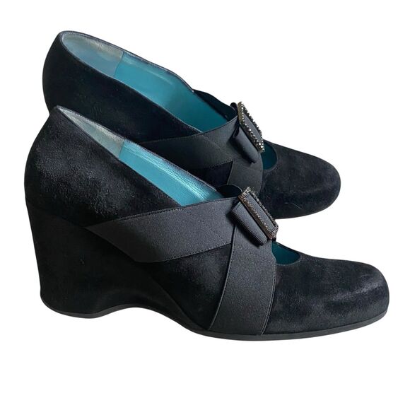 Thierry Rabotin Mary Jane Wedge Shoes 9.5  EU 39.5 Black Suede Dressy Retro - Picture 2 of 7